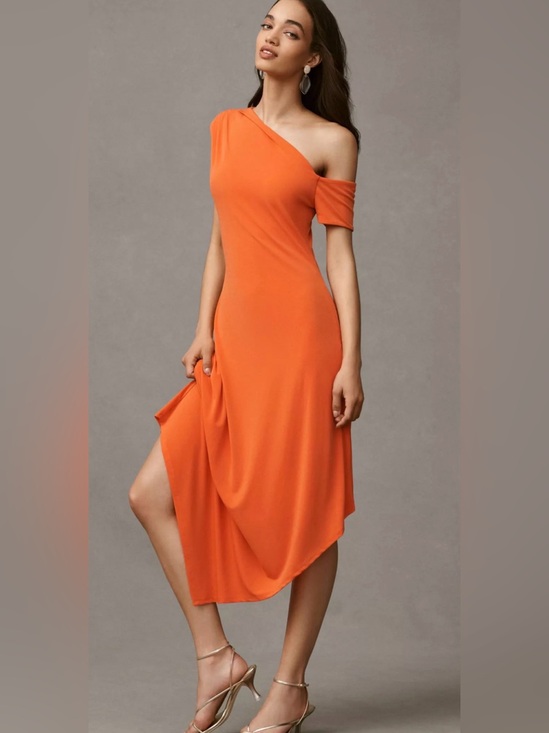 BHLDN Dresses & Skirts - BHLDN One-Shoulder Asymmetric Orange Midi Dress Size Medium